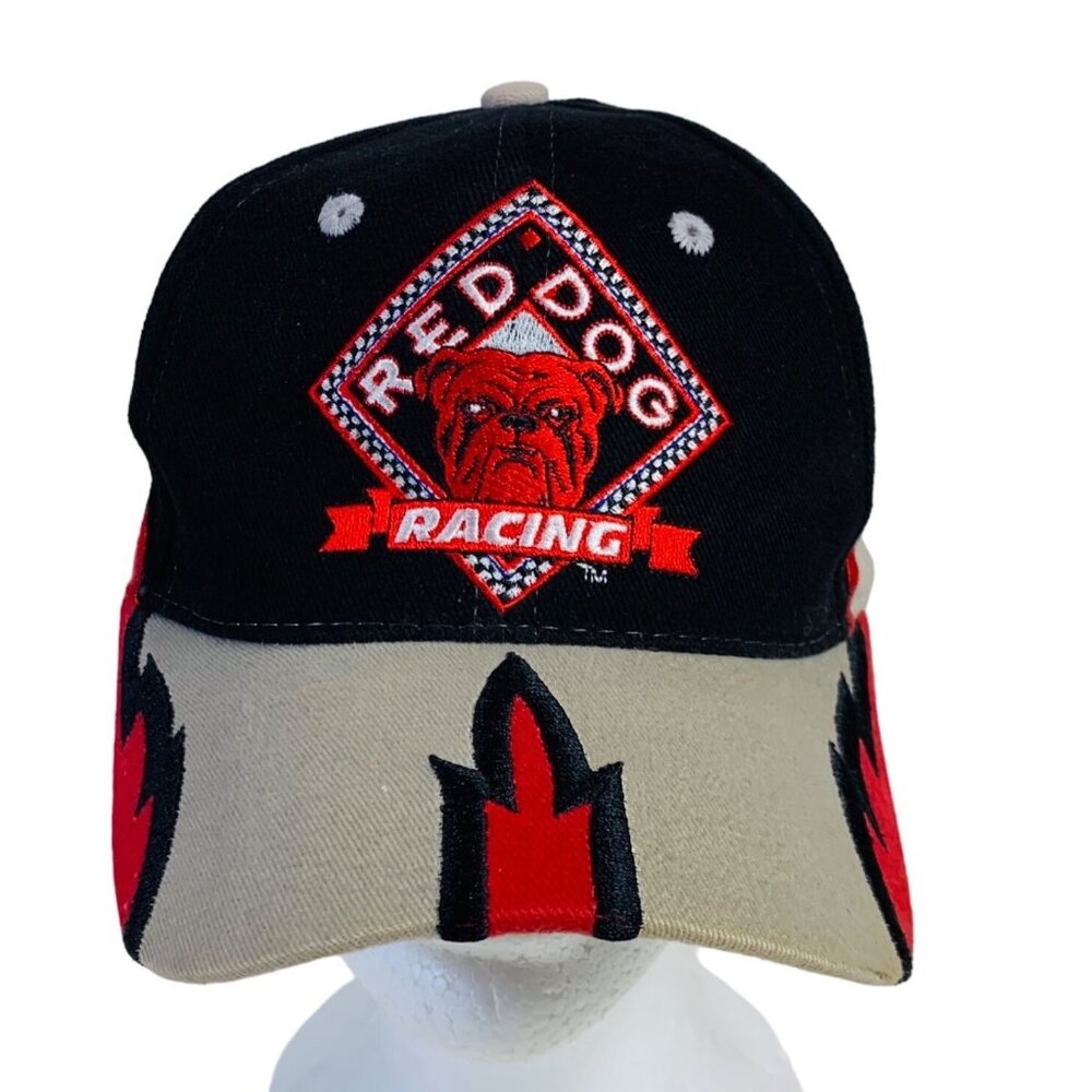 Red Dog Racing Bold Snapback Hat Red Flame Design Black Beige Cap Collector VTG